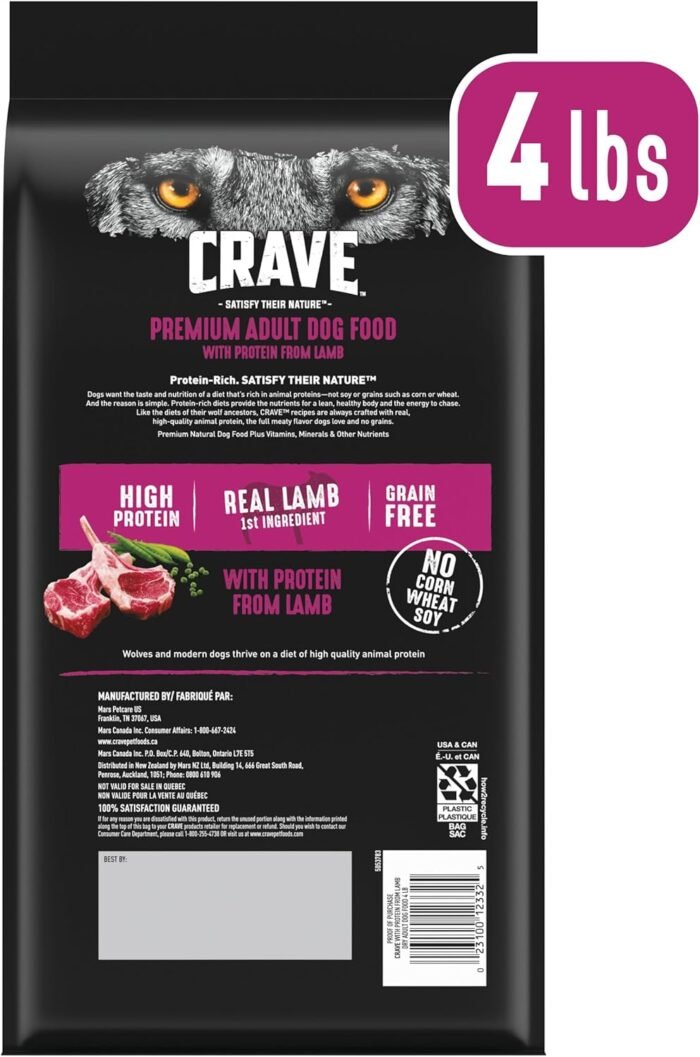 CRAVE Grain Free High Protein Adult Dry Dog Food with Lamb, 4 lb. Bag