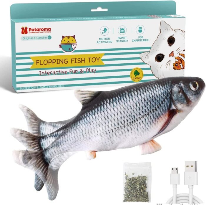 Potaroma Cat Toys Flopping Fish with SilverVine and Catnip, Moving Kitten Kicker, Floppy Wiggle Carp for Small Dogs, Interactive Motion Kitty Exercise, 10.5 Inches