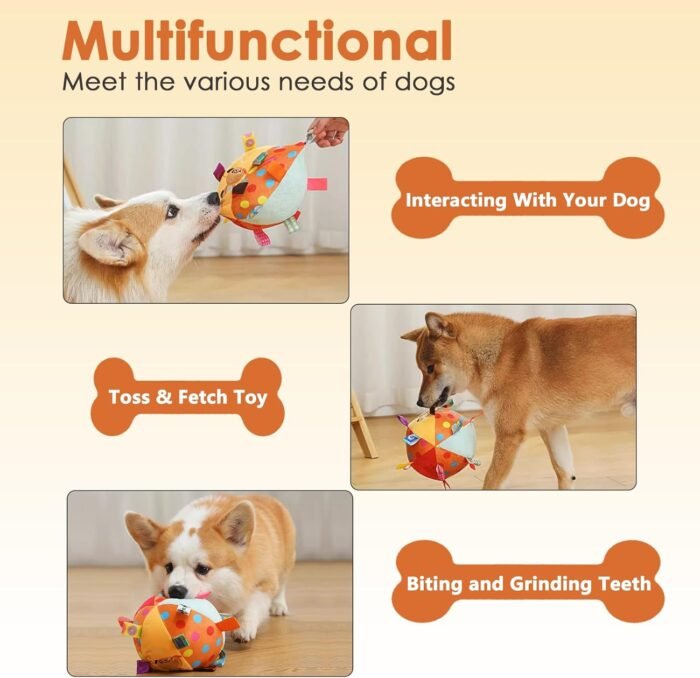Dog Squeaky Plush Plush Toy with Straps, 6-Inch Soft Stuffed Ball with Cotton Material and Bell Built-in, Pet Interactive Fetch Toy for Small to Large Dog