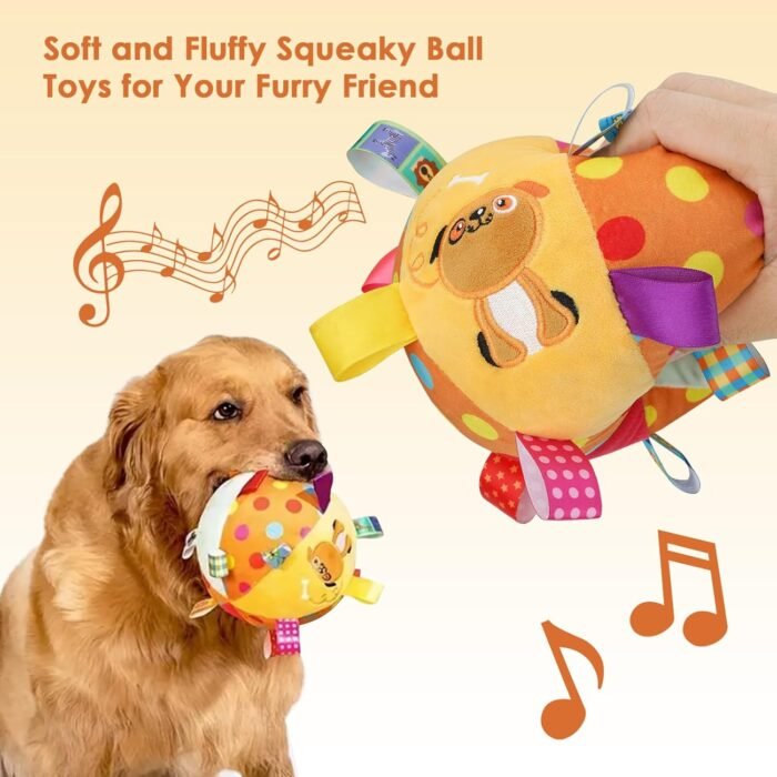 Dog Squeaky Plush Plush Toy with Straps, 6-Inch Soft Stuffed Ball with Cotton Material and Bell Built-in, Pet Interactive Fetch Toy for Small to Large Dog