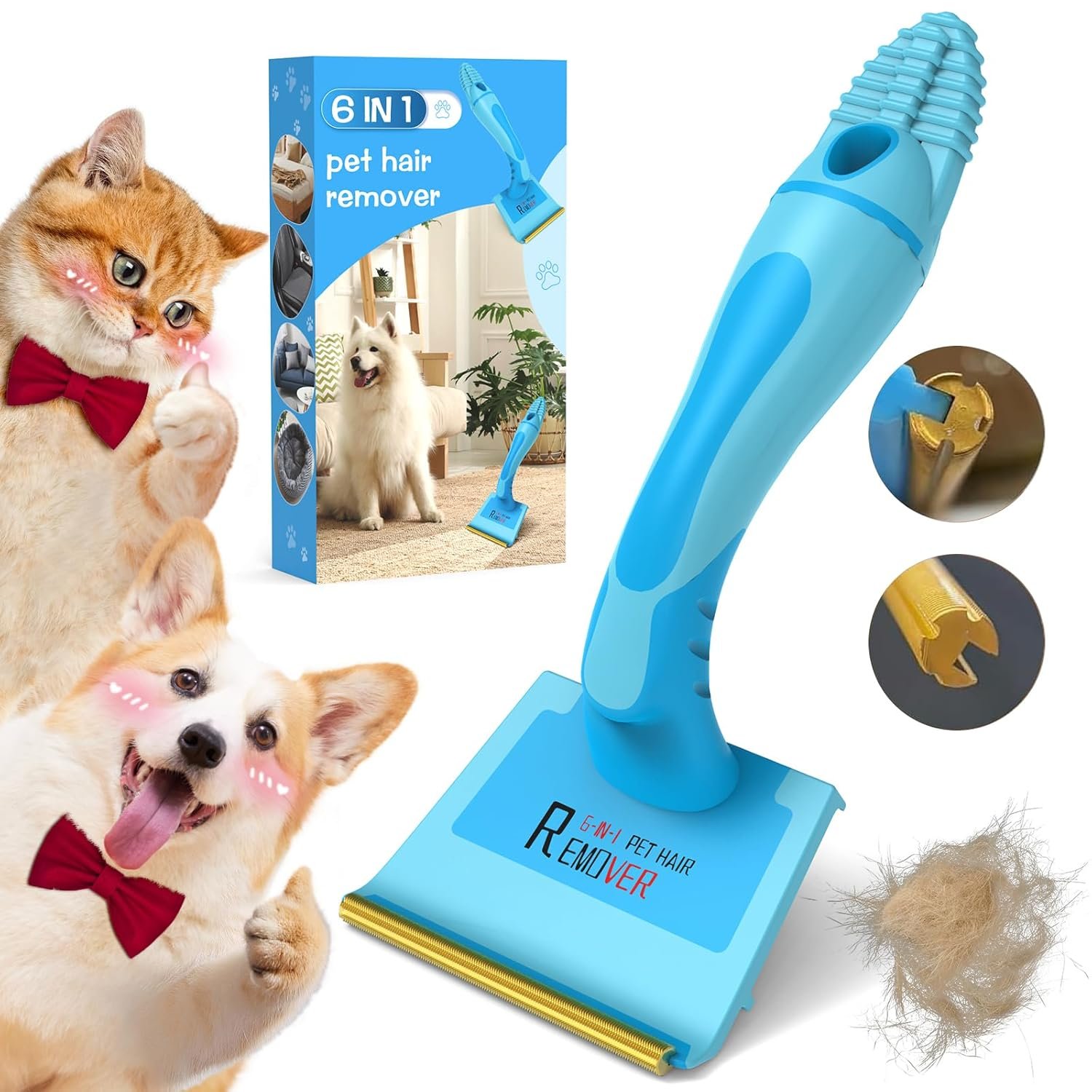 6IN1Pet Hair Remover Tool, Animal Fur Removal Tool for Car Rug,Dog and Cat Hair Remover,Couch,Furniture,Carpet(8.27inches)