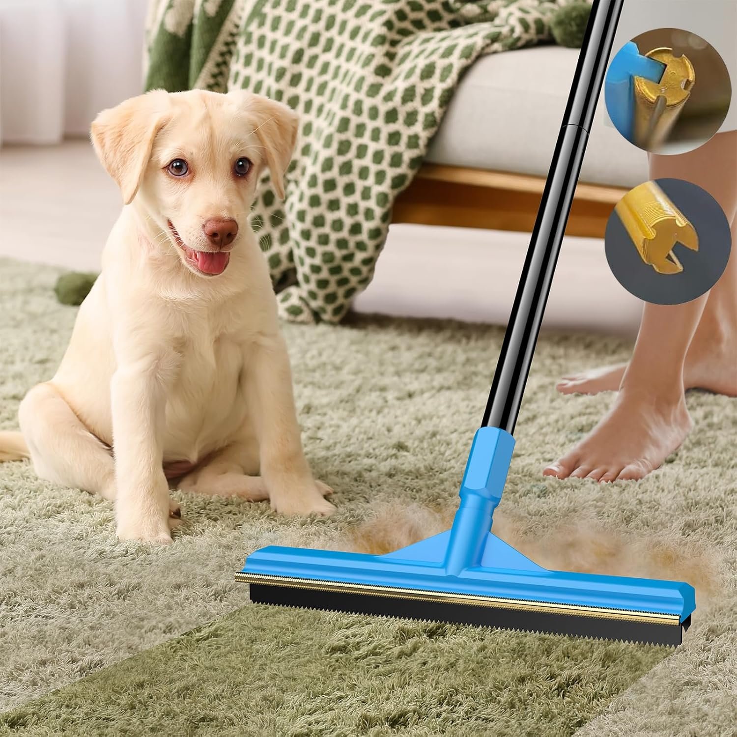 Carpet Rake for Pet Hair Removal, Reusable Cat Dog Hair Remover, 58’’ Adjustable Long Handle Pet Hair Removal Tool, Carpet Rake Scraper, Pet Hair Removal Broom for Rugs, Mats, Couch, Furniture