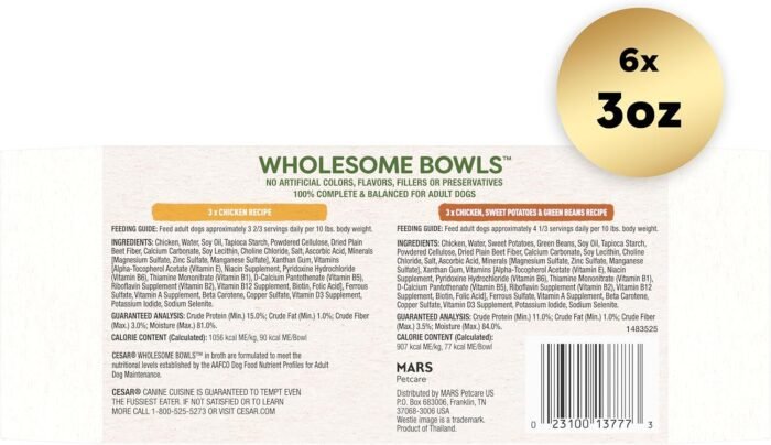 CESAR WHOLESOME BOWLS Adult Wet Dog Food, Chicken Recipe and Chicken, Sweet Potatoes & Green Beans Recipe Variety Pack, 3 oz., Pack of 6
