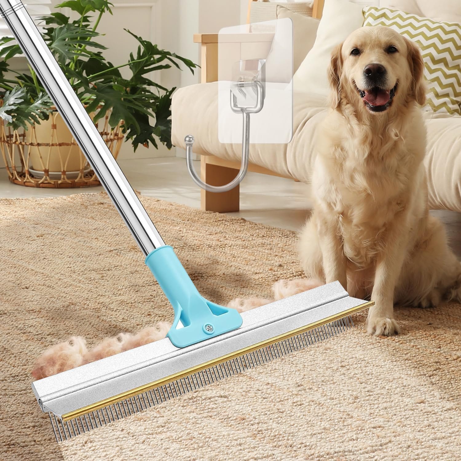 Carpet Rake for Pet Hair Removal, 67” Adjustable Handle Carpet Rake Cat Dog Hair Remover, Reusable Long Handle Pet Hair Removal Tool, Removal Broom for Rugs, Mats, Couch, Furniture