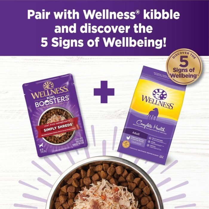 Wellness Bowl Boosters Simply Shreds Wet Dog Food Topper for Small, Medium, & Large Breeds, Grain Free, Natural, Chicken Variety Pack, 2.8 Ounce Pouch (Pack of 12)